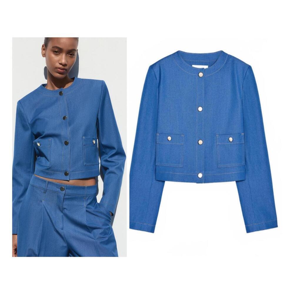 Zara Contrast Stitching Cropped Denim Jacket CropNWT